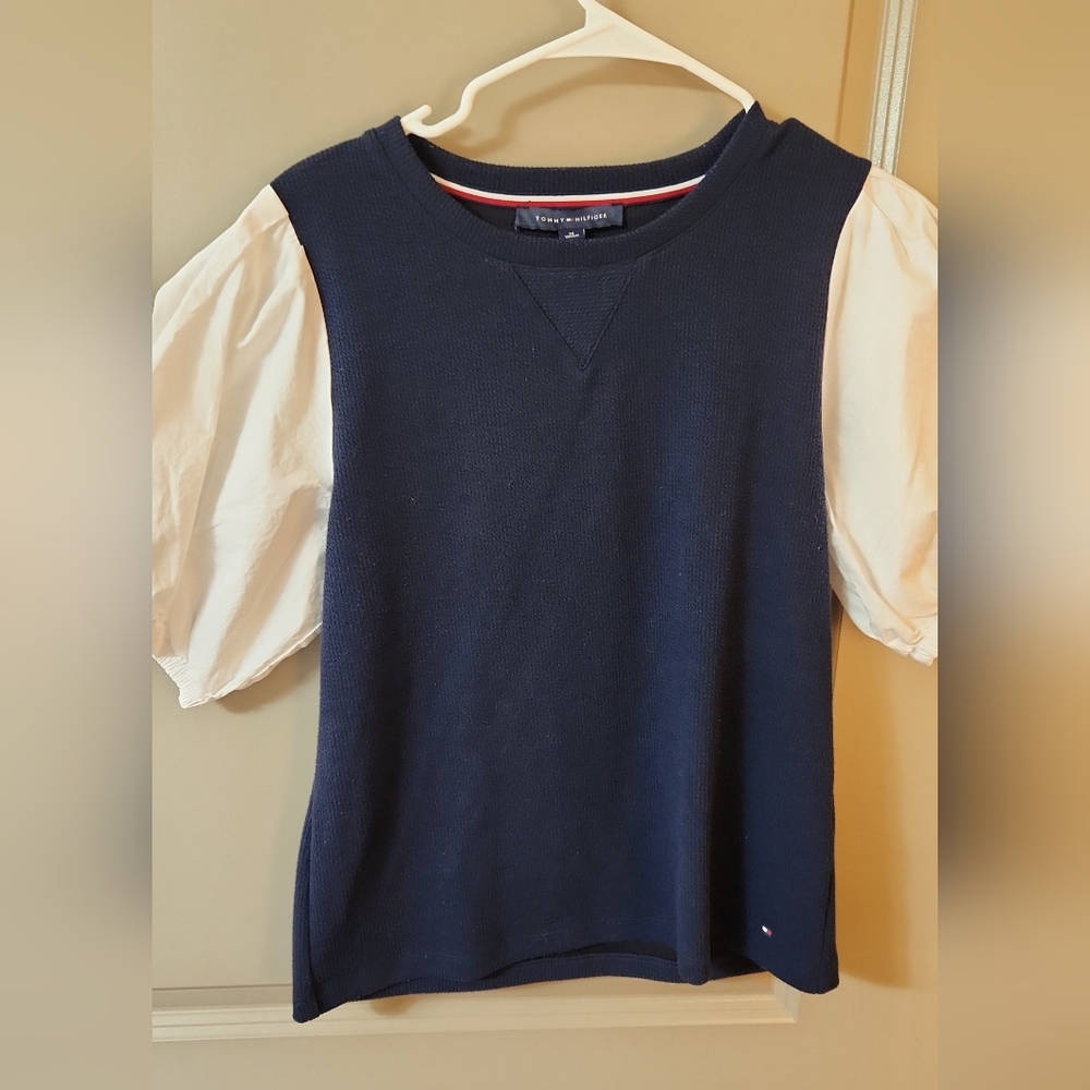 Tommy Hilfiger Navy and White Puff Sleeve Blouse